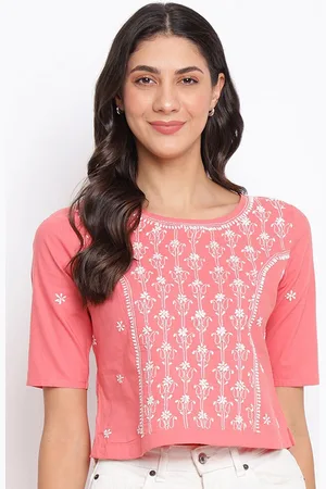 Fabindia Women Pink Embroidered Styled Back Pure Cotton Top