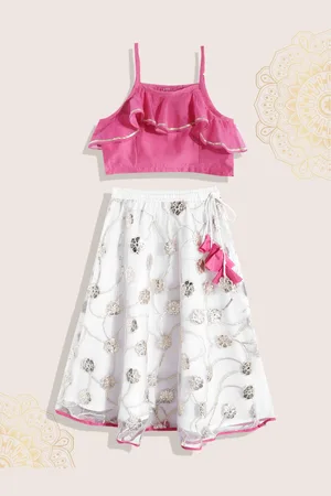 Biba Girls Pink & Off White Ready to Wear Lehenga & Blouse