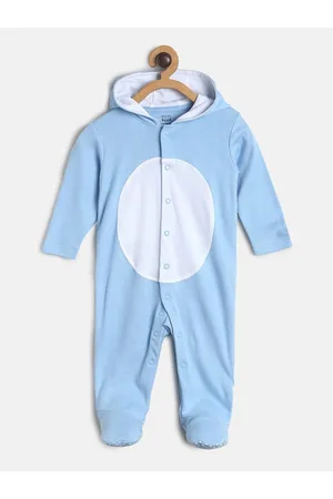 MINI KLUB Infant Kids Blue & White Solid Pure Cotton Sleep Suit