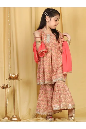 ADIVA Girls Peach-Coloured Ethnic Motifs Printed Empire Gotta Patti Pure Cotton Kurta with Sharara & With