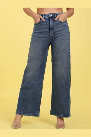 Flying Machine Women Blue Wide Leg High-Rise Low Distress Light Fade Stretchable Jeans