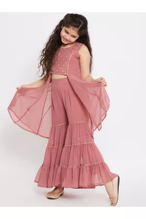 Stylo Bug Girls Pink Tiered Kurti with Sharara
