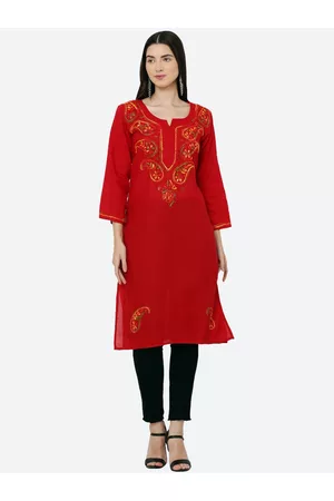 FAWOMENT Women Red Paisley Embroidered Thread Work Cotton Kurta