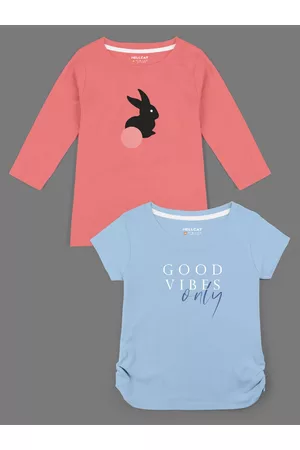 HELLCAT Girls Pack of 2 Coral & Blue Typography Printed T-shirt