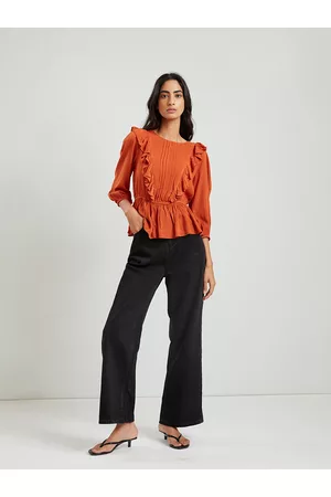 COVER STORY Women Rust Orange Ruffles Peplum Top