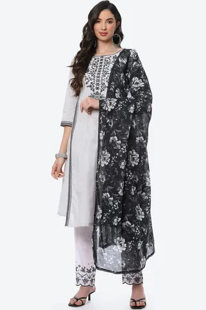 Biba Women Black & White Striped Embroidered Detail Cotton Kurta with Trousers & Dupatta