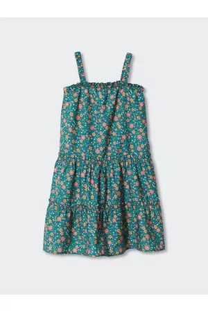 MANGO Girls Teal Green & Pink Floral Print Cotton Tiered A-Line Dress