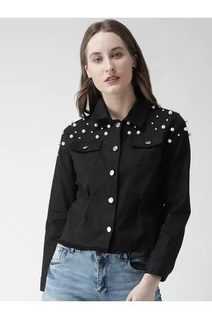 KASSUALLY Women Black Embellished Solid Denim Jacket