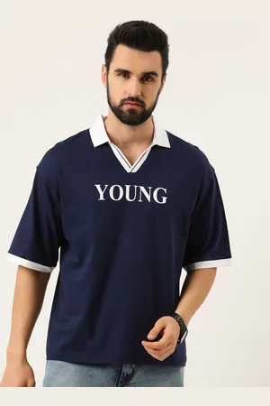 Maniac Men Navy Blue Typography Polo Collar Boxy Cotton T-shirt