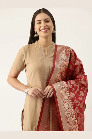 silk land Red & Gold-Toned Ethnic Motifs Woven Design Pure Banarasi Silk Dupatta
