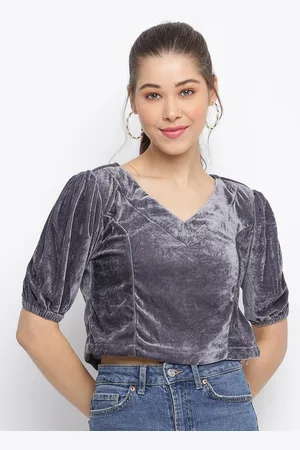Mayra Women Solid Grey Velvet Crop Top