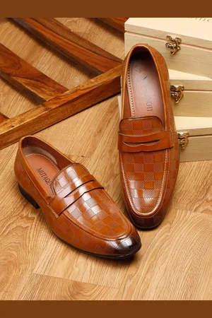 MUTAQINOTI Men Tan Textured Patent Formal Shoes