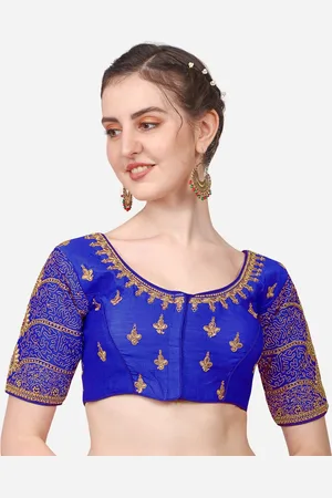 PUJIA MILLS Women Royal Blue Embroidered Silk Saree Blouse