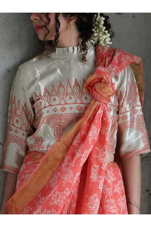 Chidiyaa Women White Printed Silk Saree Blouse