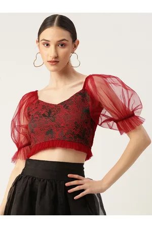 Antheaa Red Floral Jacquard Smocked Crop Top