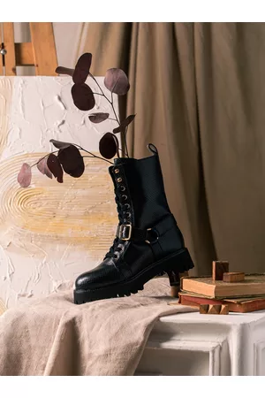 SAINT G. " Black Leather Lace Up Mid-Top Regular Block Heels Boots