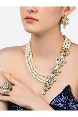 Zaveri Pearls Gold-Plated White Stone-Studded & Pearl-Beaded Multistrand Jewellery Set