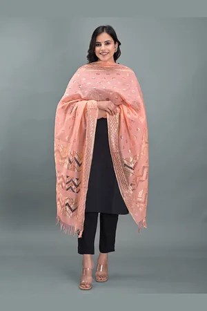 Apratim Peach-Coloured & Gold-Toned Woven Design Dupatta with Zari