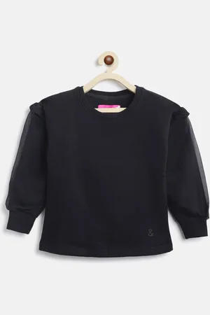 TALES & STORIES Girls Black Solid Pure Cotton Long Sleeves Sweatshirt