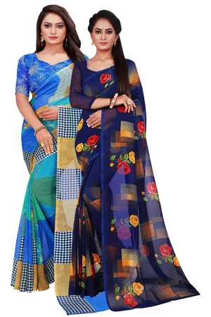 Silk Bazar Blue & Red Pure Georgette Saree