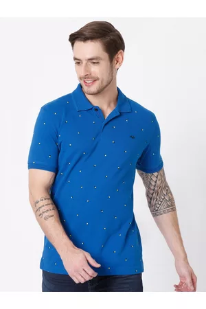 Mufti Men Blue Printed Polo Collar Slim Fit Cotton T-shirt