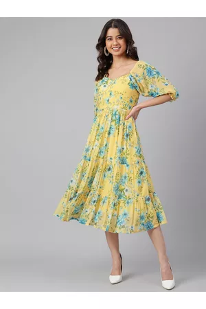 Janasya Women Yellow Georgette Floral Print Flared Western Dress