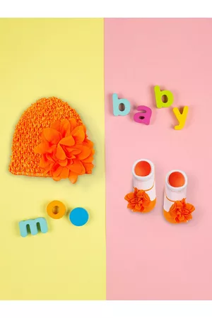 Baby Moo Girls Orange Floral Beanie & Socks Set