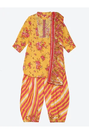 Biba Girls Yellow Floral Printed Gotta Patti Kurta with Palazzos & With Dupatta