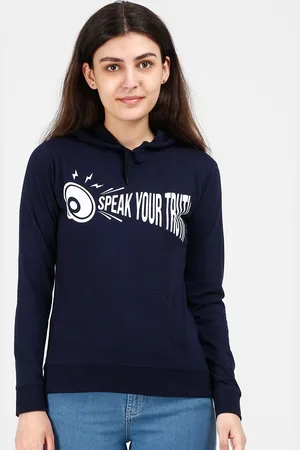 Fleximaa Women Navy Blue Printed Hooded Sweatshirt
