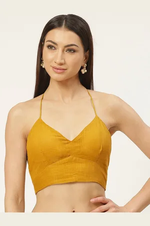 Molcha Women Mustard Yellow Solid Cotton Saree Blouse