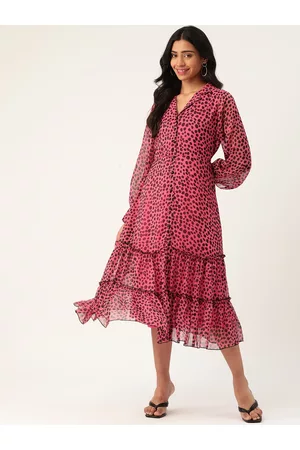 Antheaa Women Pink & Black Animal Printed Tiered A-Line Midi Dress