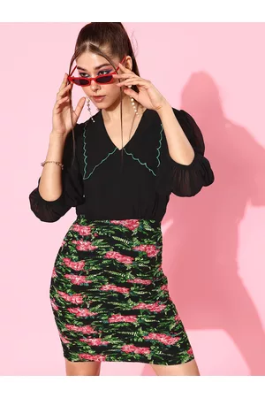 KASSUALLY Black & Green Floral Georgette Bodycon Dress