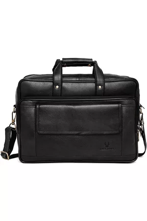 WildHorn Men Black Leather Laptop Bag With Detachable Strap