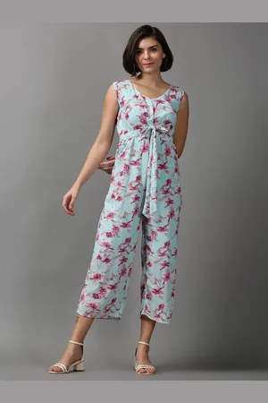 SHOWOFF Women Sea Green & Pink V-Neck Printed Basic Jumpsuit