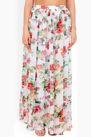 Cation Women White & Red Floral Print Flared Maxi Skirt