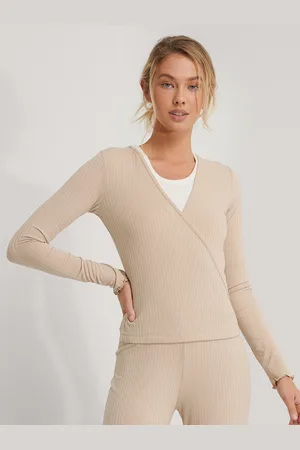 NA-KD Women Beige Solid Ribbed Wrap Top