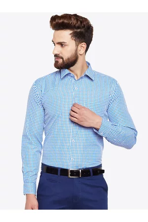 HANCOCK Men Blue & White Slim Fit Checked Formal Shirt