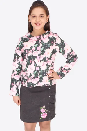 CUTECUMBER Girls Grey & Pink Floral Printed Top & Skirt