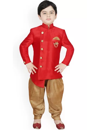 SG Boys Red & Gold-Coloured Solid Sherwani Set
