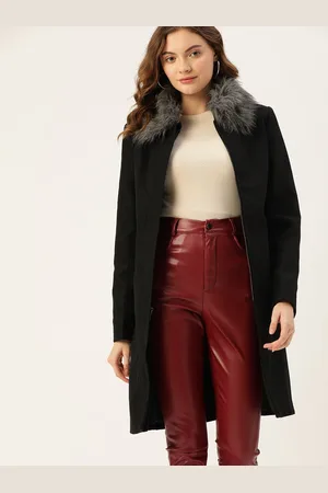 DressBerry Women Black Solid Faux Fur Collared Longline Overcoat
