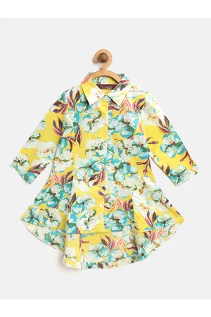 Sangria Girls Yellow & White Floral Print Longline High-Low Pure Cotton Shirt Style Top