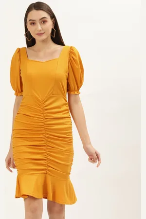 U&F Mustard Solid Bodycon Dress