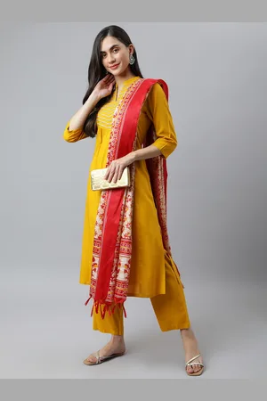 DEEBACO Women Mustard Yellow Ethnic Motifs Yoke Design Kurti with Trousers & Dupatta