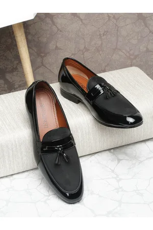 MUTAQINOTI Men Black Solid Patent-Leather Formal Loafers