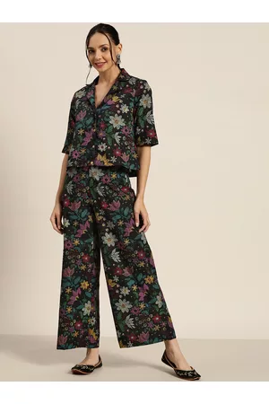 Sangria Women Black & Pink Printed Pure Cotton Shirt with Palazzos