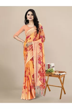 Kalini Orange & Red Floral Pure Chiffon Saree