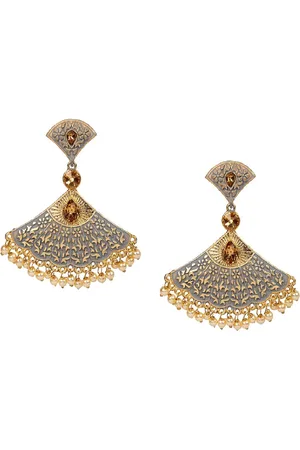 ANIKAS CREATION Grey & Gold-Plated Triangular Kundan Studded Enamelled Drop Earrings