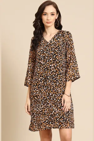 DODO & MOA Women Brown & Black Animal Printed A-Line Dress