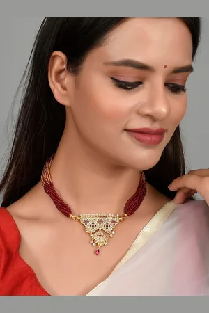 Silvermerc Designs Women Gold-Toned & Maroon Brass Gold-Plated Enamelled Long Necklace