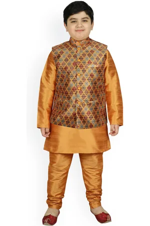 SG Boys Yellow Ethnic Motifs Raw Silk Kurta with Churidar & Nehru Jacket